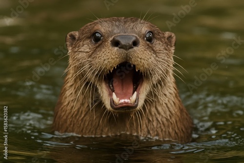 A fierce expression emerges from the depths of a tranquil pond, as an otter gazes with determination and alertness