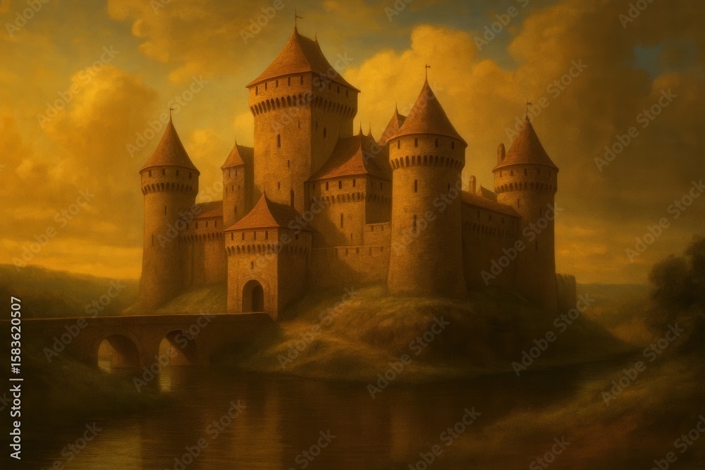An enchanting medieval castle stands majestically amidst a serene landscape, its golden hues reflecting the warmth of sunset An enchanting medieval castle stands majestically amidst a serene landscape, its golden hues reflecting the warmth of sunset
