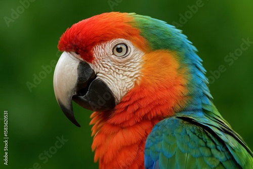 A vibrant parrot with a striking palette of orange, blue, green, and white feathers gazes into the distance against a lush green backdrop