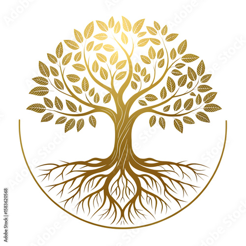Elegant golden tree of life with intricate roots and leaves on black background