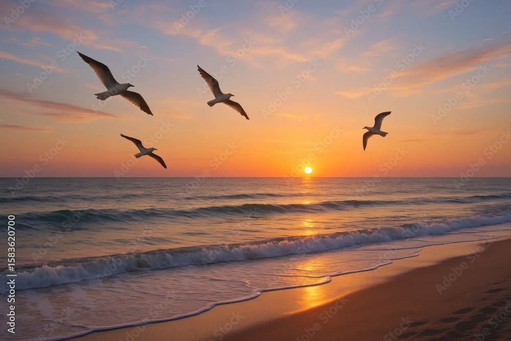 Naklejka premium Seagulls in Flight Over a Serene Beach at Sunset