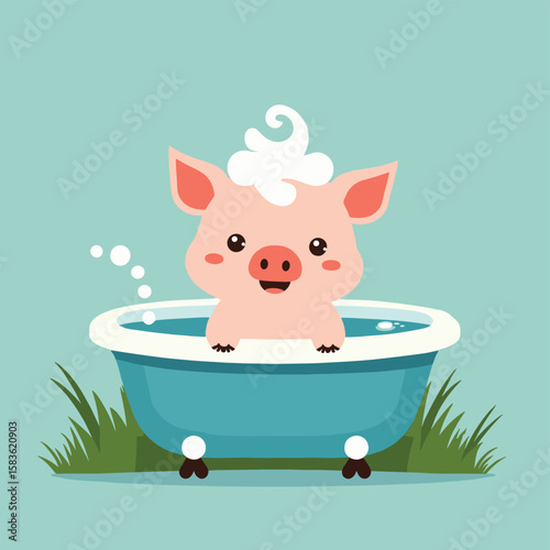 Cute Pig in Bathtub Cartoon Illustration