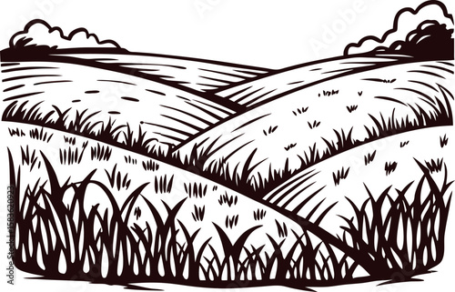 Vintage hand drawn rural landscape with grassy fields, rolling hills, and clouds in black and white illustration