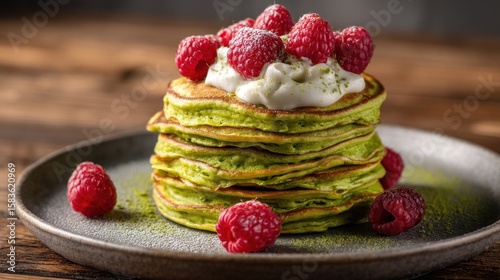 A stack of vibrant green matcha pancakes is topped with cream and fresh raspberries, dusted with powdered sugar, sitting on a dark plate against a rustic wood backdrop.