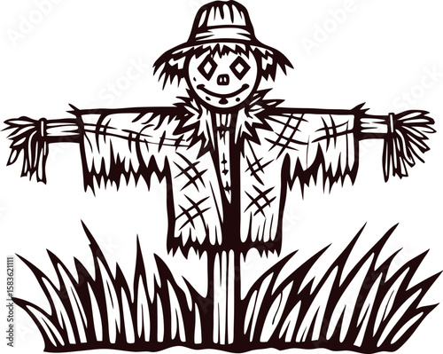 Hand drawn scarecrow in hat with stitched face and patched jacket standing in tall grass illustration