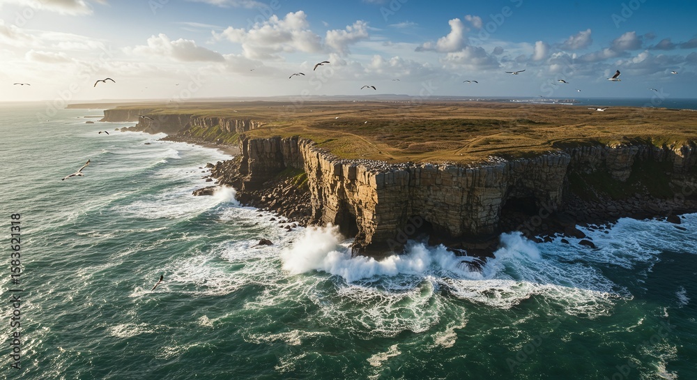 Fototapeta premium Cliffs and Ocean Waves Under Blue Sky with Seagulls Seaside Landscape