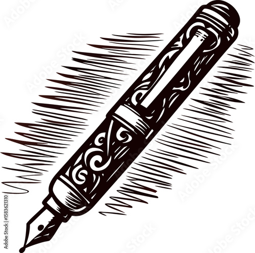 Hand drawn vintage fountain pen sketch with ornate engraved details and shadow hatching illustration