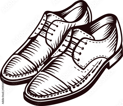 Classic leather dress shoes illustration in vintage engraved sketch style, elegant formal footwear isolated