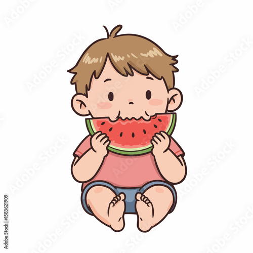 Young boy happily eating watermelon while sitting on the floor  