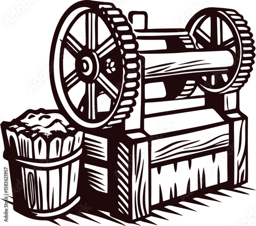 Vintage engraved drawing of an old fashioned sugarcane juicer and wooden bucket filled with pulp