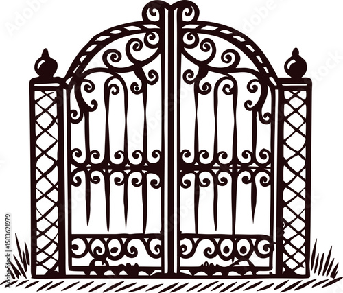 Ornate wrought iron garden gate with floral scrollwork and stone pillars illustration