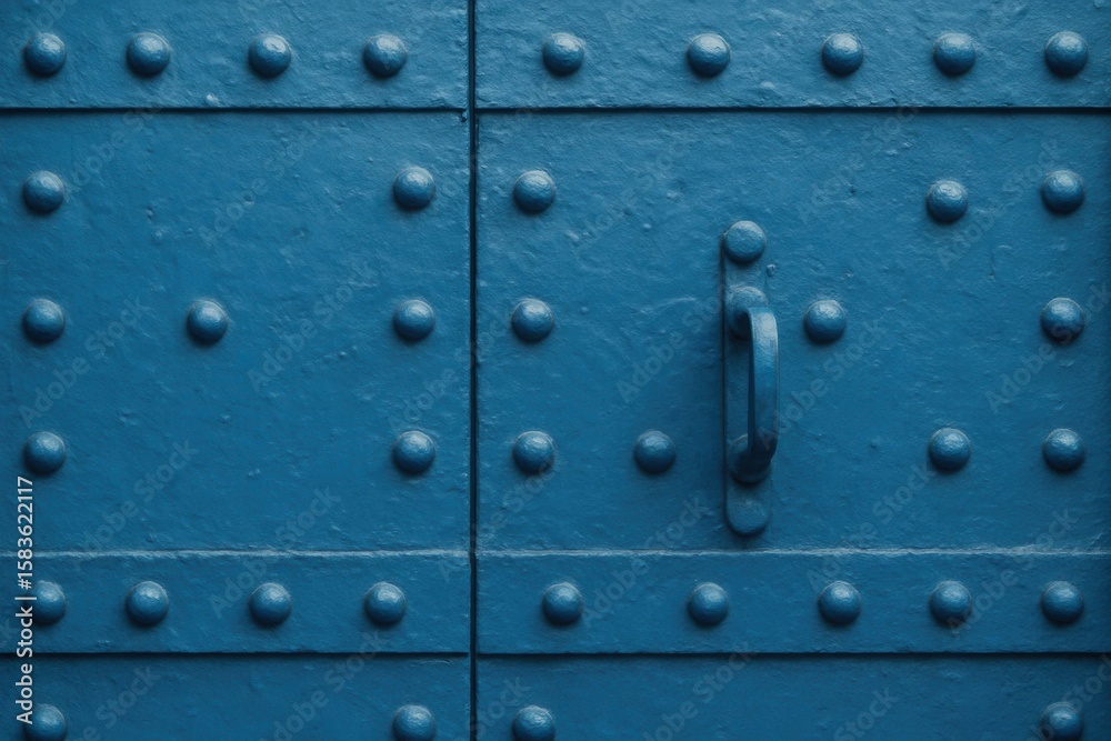 Fototapeta premium A close-up of a blue metallic surface adorned with round rivets, featuring a prominent handle on the right side