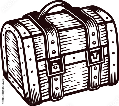 Vintage wooden treasure chest with metal bands and lock, hand drawn engraving illustration, isolated on white background