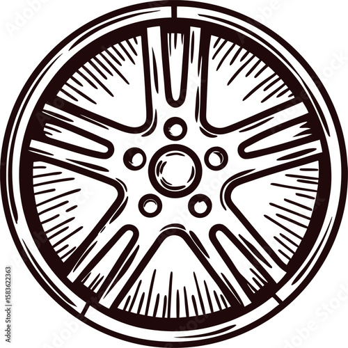 Hand drawn alloy wheel rim isolated on white background vintage sketch automotive illustration