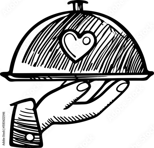 Hand drawn serving tray with cloche and heart symbol, vintage engraved restaurant meal delivery illustration