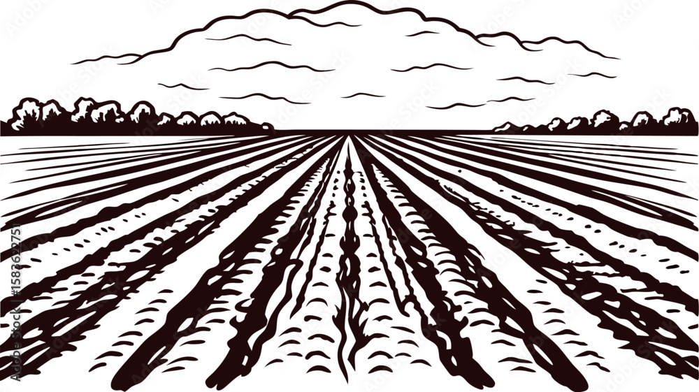 Fototapeta premium Plowed farmland field horizon with furrows and clouded sky engraved illustration for agriculture and rural landscapes