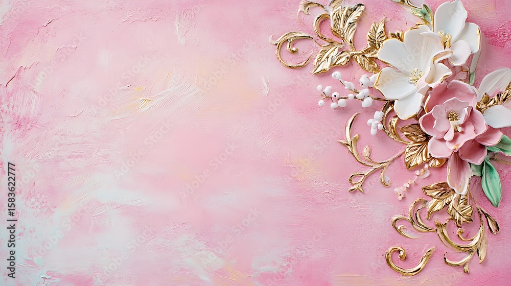 Fototapeta premium Pastel pink backdrop with sculpted flowers