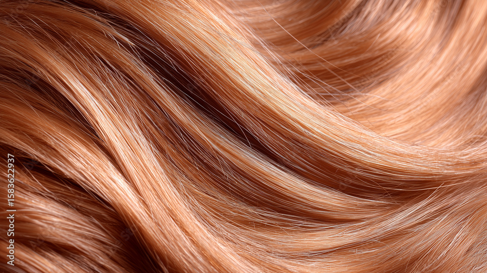 Fototapeta premium Close up of shiny rose gold hair with soft texture, glowing strands that highlight beauty, elegance, and modern style for fashion and cosmetic concepts.