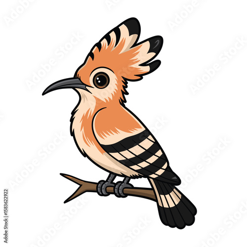 Cartoon Illustration of Hoopoe Bird Perched on Branch