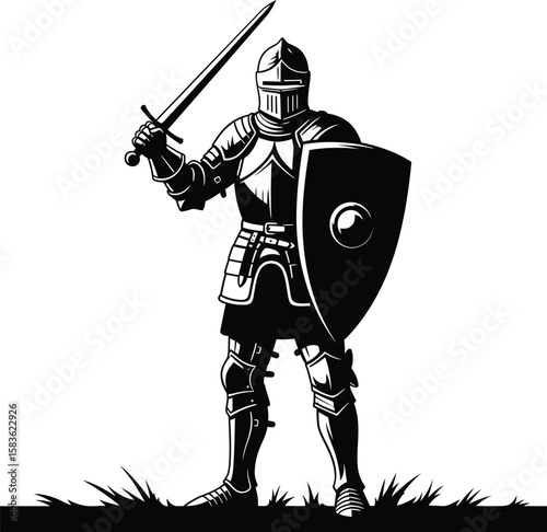 Knight in Armour with Raised Sword and Shield - Medieval Battle