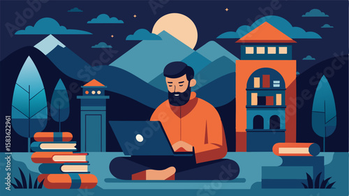 In the peaceful stillness of the monasterys library the digital nomad develops and hones their digital skills grateful for the opportunity to learn and grow in this remote. Vector illustration