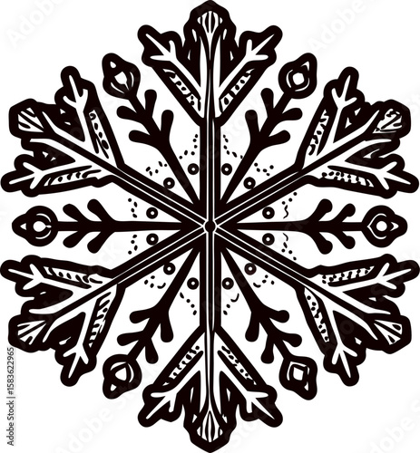 Hand drawn detailed snowflake illustration with symmetrical branches and dotted accents in black and white