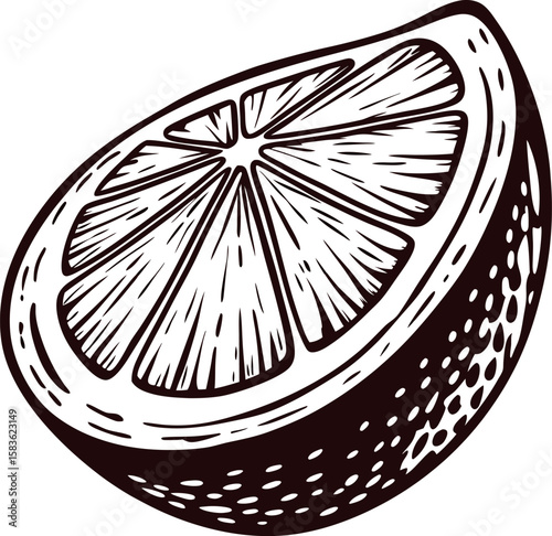 Hand drawn half lemon slice with vintage engraved style, detailed citrus section cut isolated on white background