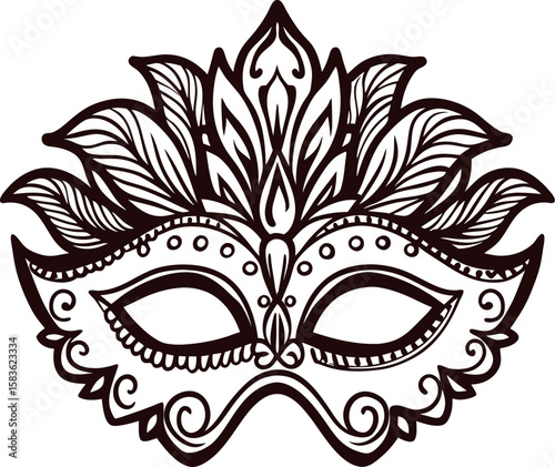 Hand drawn ornate carnival mask with feathers and floral patterns, vintage masquerade illustration
