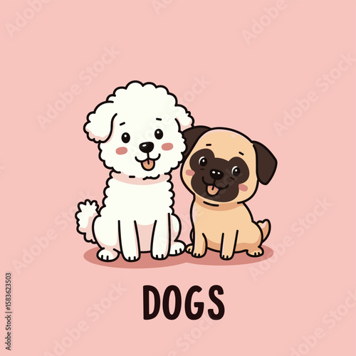 Cartoon Illustration of Two Cute Dogs on Pink Background