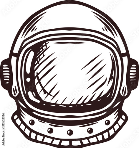 Hand drawn vintage astronaut helmet sketch with reflective visor isolated on white background illustration