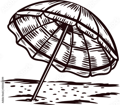 Hand drawn beach umbrella on sandy shore sketch illustration of sunshade parasol with vintage engraving
