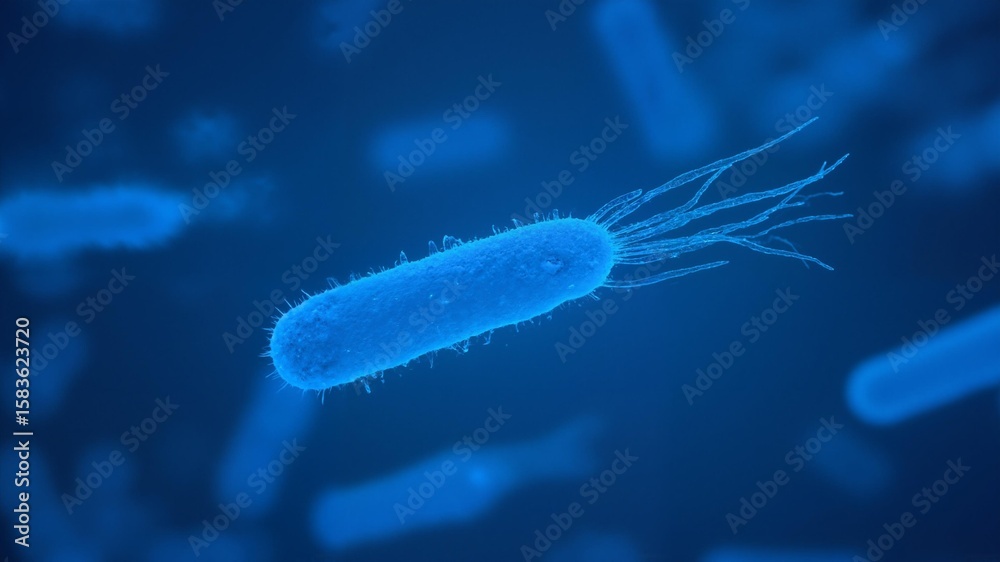 Fototapeta premium Microscopic bacteria with trailing appendages in blue background