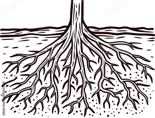 Intricate hand drawn tree roots and trunk illustration isolated on white background, botanical nature sketch