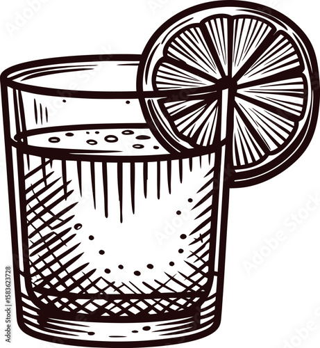 Hand drawn glass of citrus juice with lemon slice on rim vintage engraved sketch illustration on white background