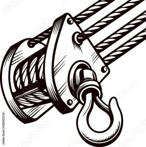 Vintage engraved drawing of pulley block and hook with ropes in mechanical detail