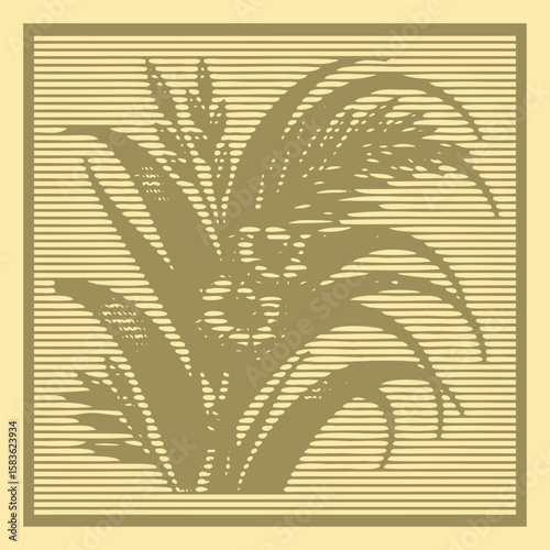 olive Color Cane Flower Lined Engraving Canvas Template with Stamp Halftone Effect Vector Illustration – Vintage Botanical Style for Print, Poster, Craft, and Decorative Projects