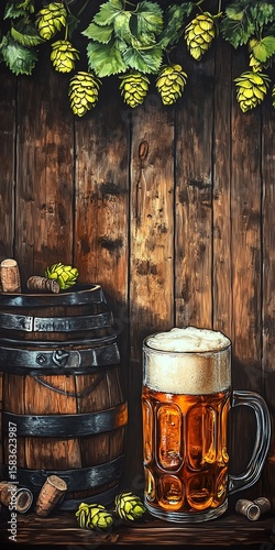 Rustic beer mug with frothy head beside barrel, hops hang above on a wooden background.