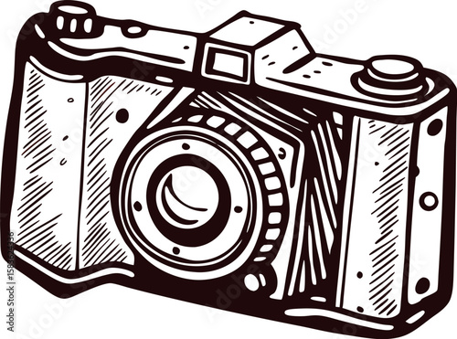Vintage engraved sketch of classic camera with lens and buttons isolated on white background
