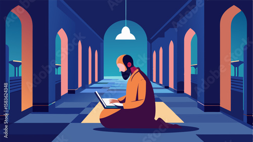 The sound of prayers echoes through the halls as a digital nomad types away in a tranquil monastery library.. Vector illustration