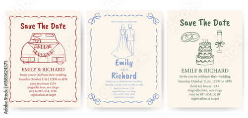 Set of hand drawn wedding illustrations. Bride and groom, rings, bouquet, wedding dress, church, cake, champagne, car. Vintage style vector doodle design for invitations, cards, and party decorations.
