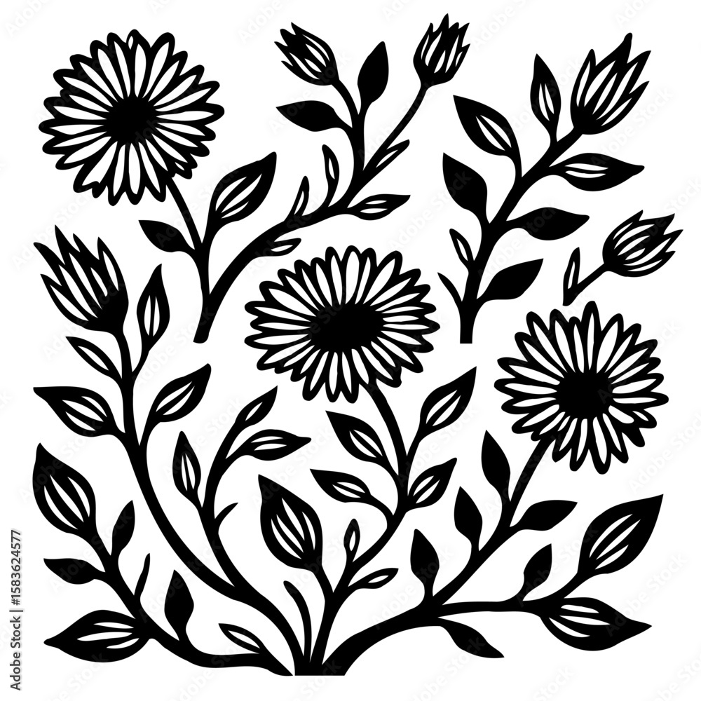 Fototapeta premium Elegant floral illustration with intricate line work and bold botanical silhouettes