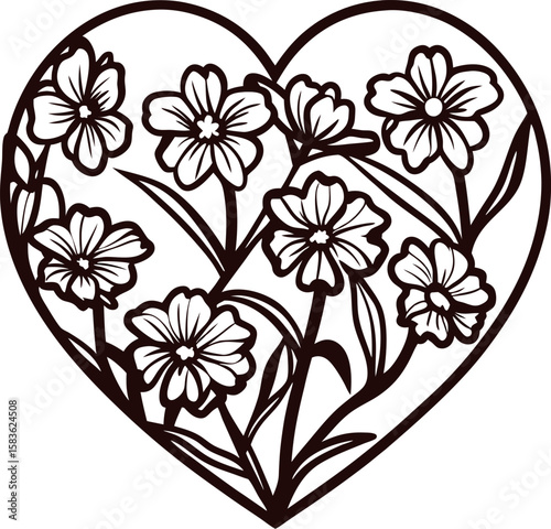 Hand drawn heart shape filled with delicate blooming flowers and leaves, black and white vintage line art illustration