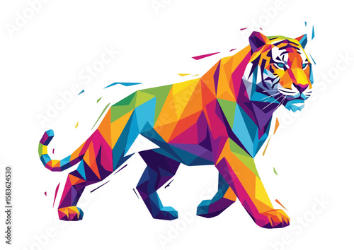Colorful geometric tiger illustration in vibrant shades 
