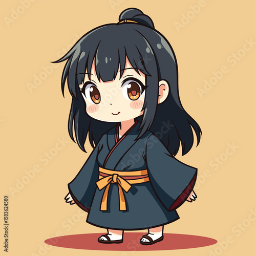 Cute Chibi Girl in Traditional Kimono with Black Hair