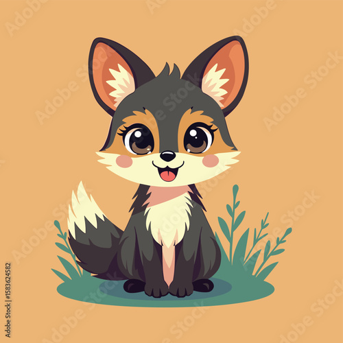 Cute Cartoon Fox Sitting on Grass with Big Eyes
