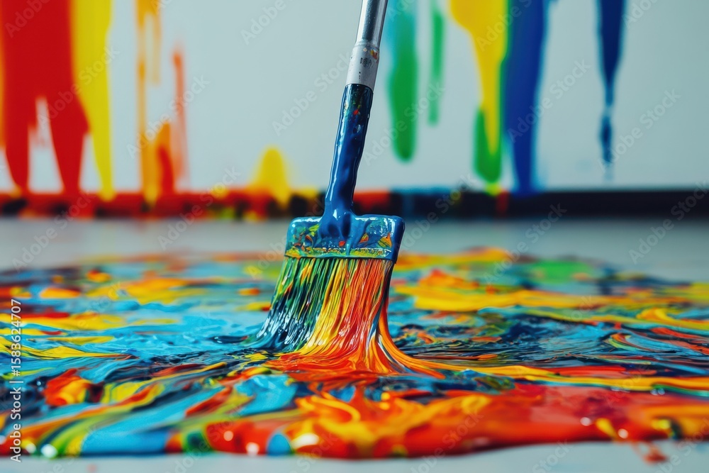 Obraz premium Colorful paint splatters and dripping hues captured during an abstract art creation process