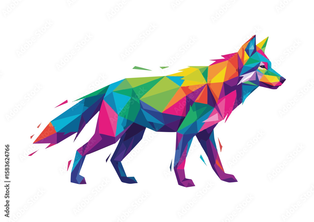 Obraz premium Colorful geometric wolf walking in a modern art style with vibrant colors and copy space