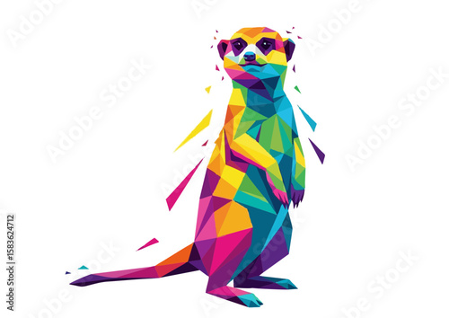 Colorful geometric meerkat standing upright in a modern art style with vibrant colors and copy space