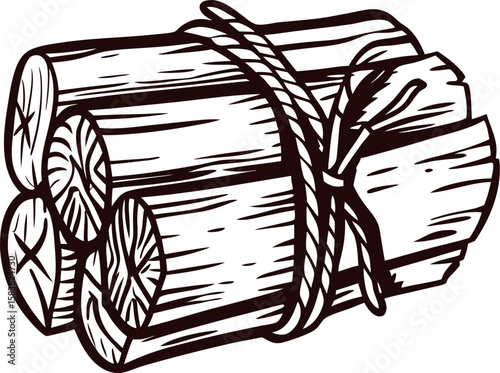 Hand drawn bundle of firewood logs tied with rope in vintage engraved illustration