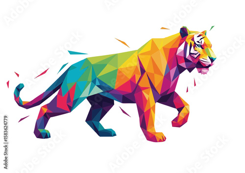 Colorful geometric tiger illustration in vibrant shades 